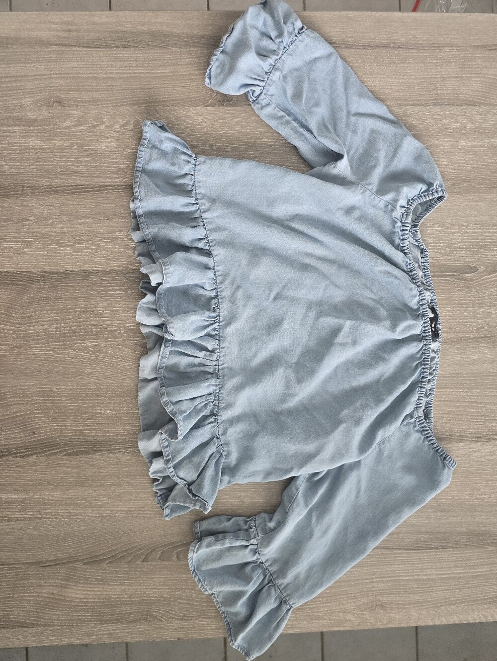 "Denim" Ruffle Off-Shoulder Blouse